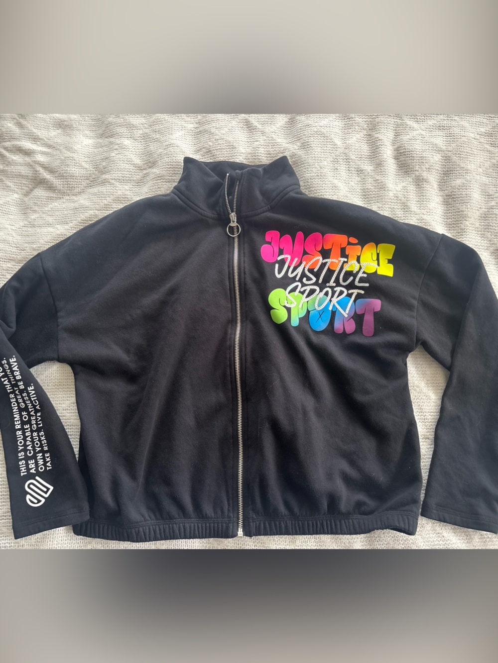 Justice Sport Black Zip-Up Hoodie with Rainbow Logo (16-18)